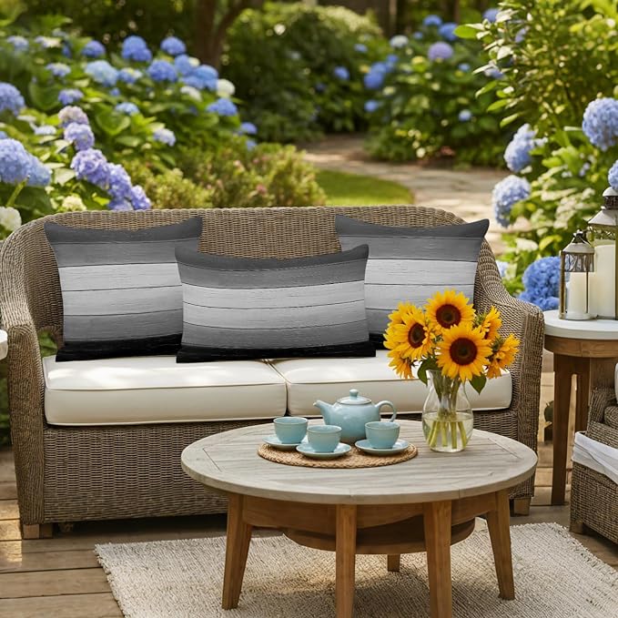 Black Gray Outdoor Pillow Covers 26x26 Inch Throw Pillow Covers Set of 2 Waterproof Decorative Pillow Cases Farmhouse Vintage Gradient Wooden Plank Cushion Covers for Patio Furniture Garden Couch Sofa