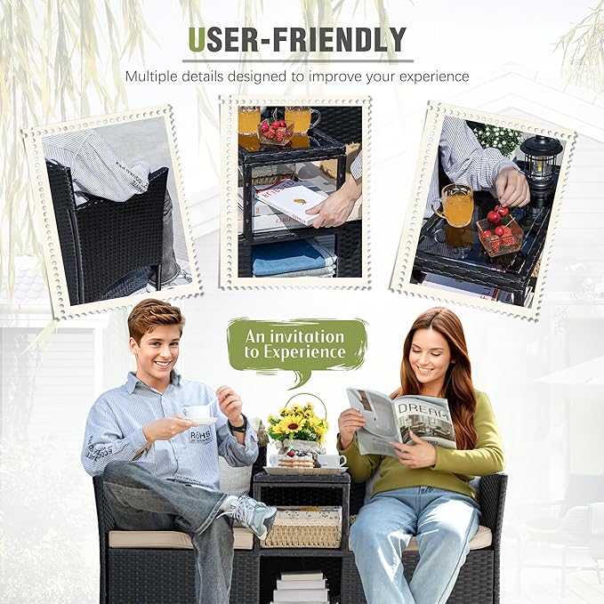 Greesum Patio Loveseat Outdoor Wicker Furniture Conversation Set with Soft Cushions & Built-in Coffee Table for Lawn Garden Backyard, Beige