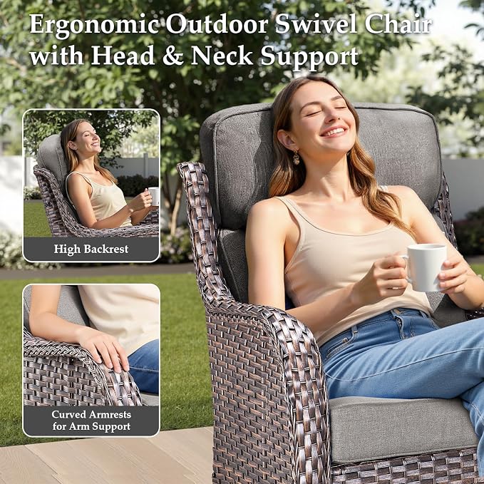 Luxury Outdoor Patio Furniture Set-Wicker High Backrest 3-Seat Patio Sofa with Comfy 6" Cushion, Rattan Couch with Deep Seat All-Weather Patio Conversation Set for Deck Backyard Garden(Brown/Grey)