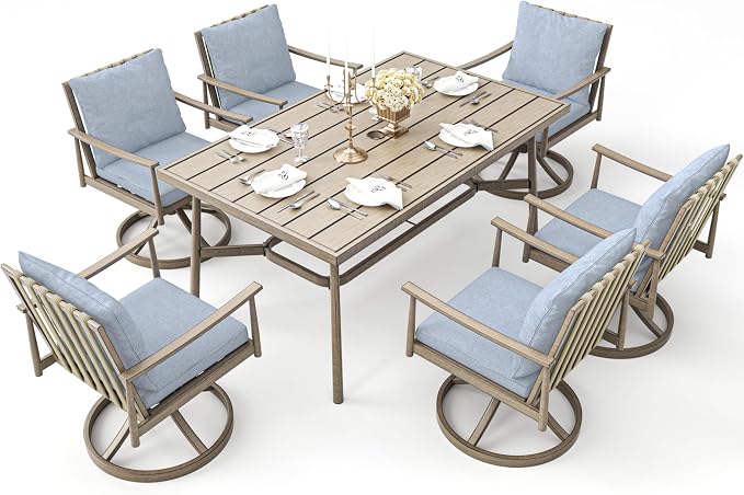 7-Piece Outdoor Dining Set for 6, Aluminum Dining Set with Cushions, 6 Swivel Chairs with Rope Backrest, Large Rectangular Table with Umbrella Hole, Patio Dining Set for Lawn Porch Yard,Brown