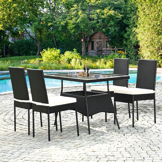 RELAX4LIFE 5-Piece Wicker Dining Set - Patio Rattan Dining Furniture w/ 1 Rectangular Table, 4 Chairs & Removable Soft Cushions, Indoor & Outdoor Dining Table Set w/Tempered Glass Top, Black
