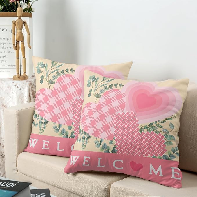 Spring Pillow Covers 18x18 Set of 2 Pink Heart Throw Pillow Covers Hearts with Eucalyptus Decorative Pillow Case Cushion Case for Couch Sofa