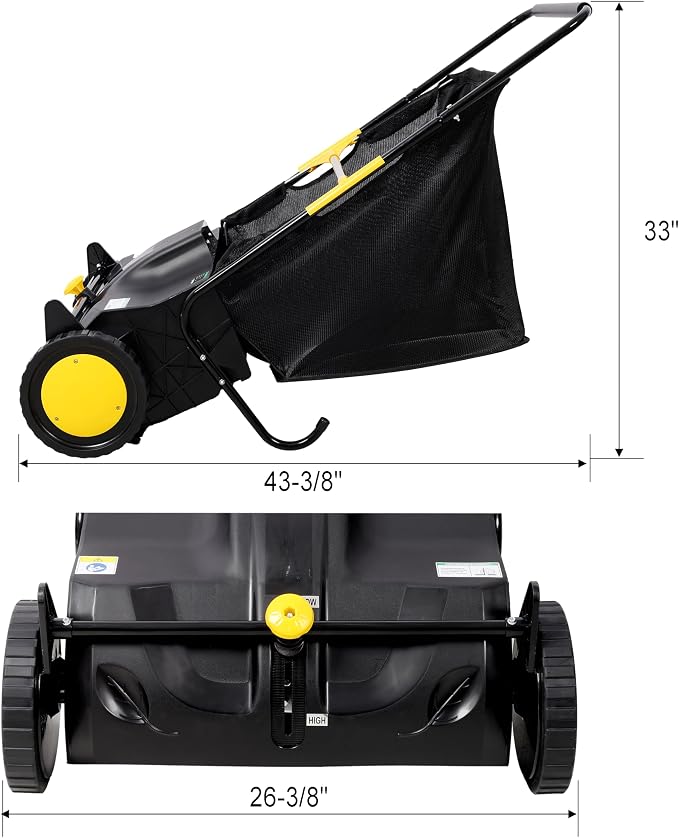 Hand Push Lawn Sweeper, 26 Inch, 7 cu. ft Hopper Bag, Leaf & Grass Collector with Adjustable Brush Height (21 inch)