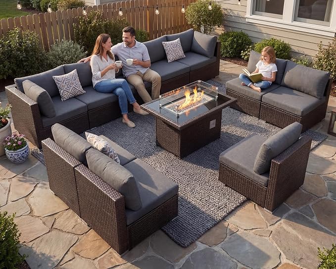NICESOUL 11 Pcs Modern Outdoor Patio Sectional Furniture Set with Fire Pit Table, 29.3'' High Back Conversation Sets with Firepit, Cozy Large U-Shaped L-Shape Couches, Brown Rattan and Gray Cushion