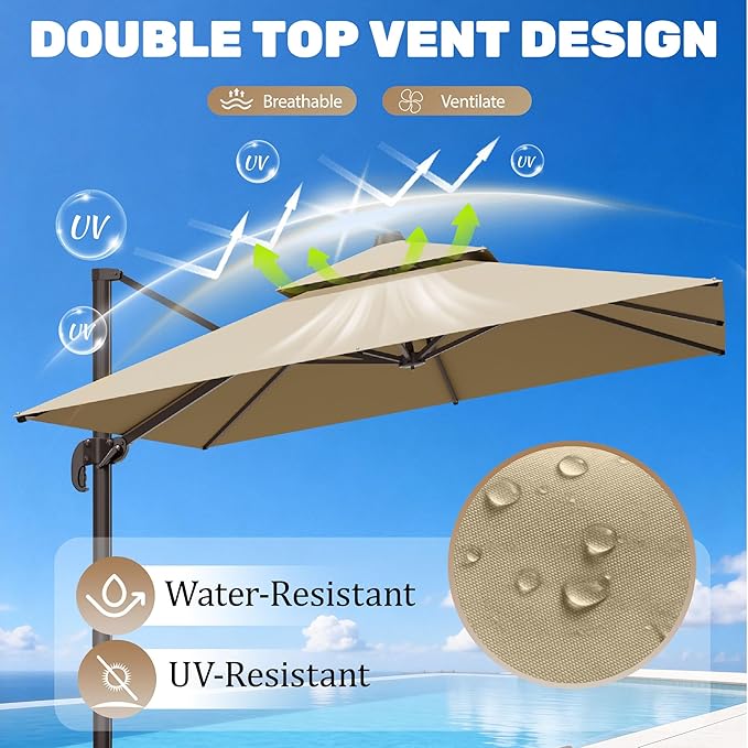10x10Ft Patio Umbrella Outdoor Cantilever Rectangle Umbrella with Base Included, 6-Level Tilt & 360° Rotation Offset Umbrella for Garden, Deck, Pool(Beige)