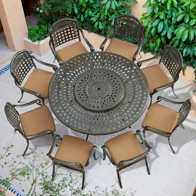 VIVIJASON 9-Piece Outdoor Furniture Dining Set, Rust-Free Cast Aluminum Patio Conversation Set, Include 8 Cushioned Chairs & 61" Round Dining Table with 31" Lazy Susan, Umbrella Hole, Khaki