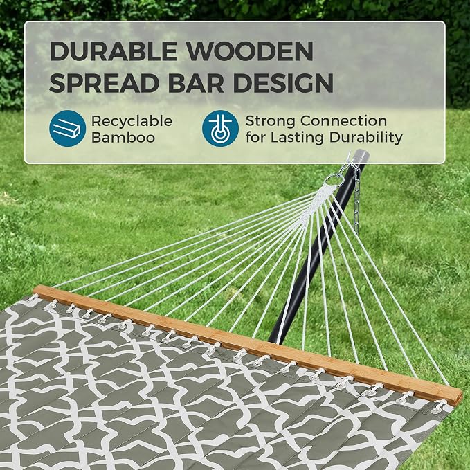 SUPERJARE Hammock with Stand, 2 Person Quilted Outdoor Hammock, Detachable Pillow & Bamboo Spreaders, Portable with Carrying Bag, Heavy Duty Stand, Perfect for Outside, Patio, Grey with White Flower