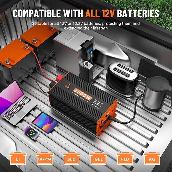 3000W Power Inverter 12V DC to 110V/120V AC Converter for RV/Truck/Boat/Camping/Off-Grid Solar Car Power Inverter Peak Power 6000W with 3 AC Outlets,USB & Type-C Port, Remote Controller & LCD Screen