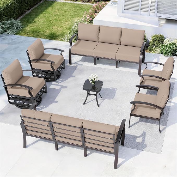 ALAULM Aluminum Patio Furniture Set with 2 Swivel Chairs 10-seat Metal Outdoor Furniture Patio Sectional Sofas Patio Conversation Set w/5.1" Cushions for Patio, Backyard, Poolside-Sand