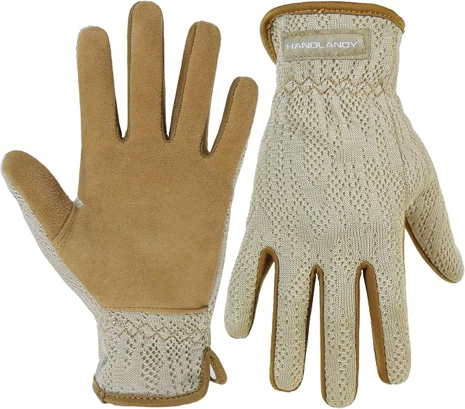 HANDLANDY Gardening Gloves for Women, Leather Garden Glove, Gardener Gift | Breathable Floral Ladies Leather Garden Yard Gloves, for Trimming, Weeding, Digging, Planting, Pruning