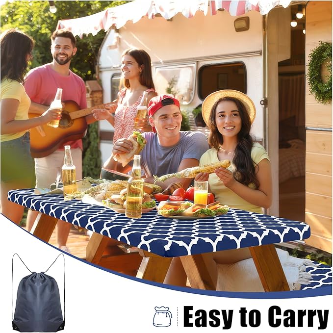 Smiry Picnic Table Cover with Bench Covers, Waterproof Elastic Fitted Tablecloth for 4 Foot Tables, Washable Polyester Tablecloths for Camping, Indoor & Outdoor (Navy, 24x48 Inch 3-pc Set)
