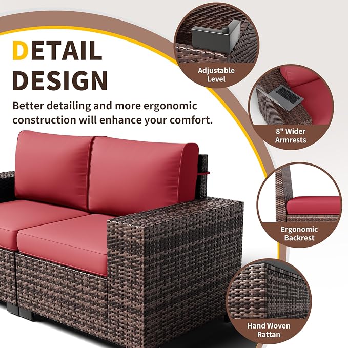 Patio Furniture with Fire Pit Table,8‘’ Wide armrest Outdoor Sectional Rattan Sofa Set, Wicker Patio Furniture Sets w/Coffee Table,Thick Cushions and Cover for Porch, Balcony,7PC (Brown&Wine)