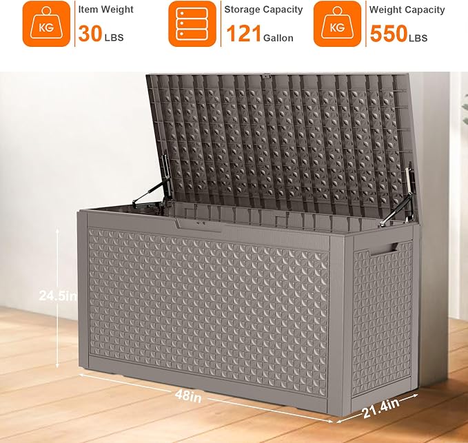 EasyUp 121 Gallon Outdoor Storage Box Waterproof, UV Resistant Resin Deck Box with Hydraulic Rod, Reinforced Stability for Patio, Garden, Quad Leaf Grey