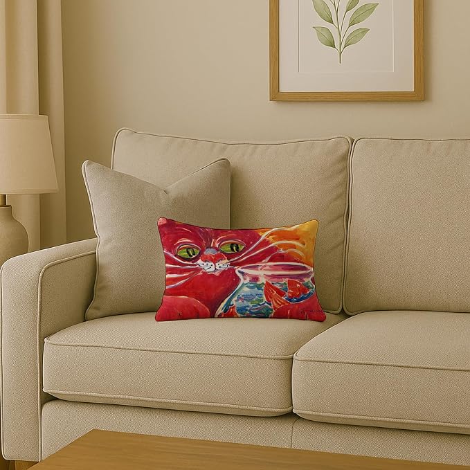 Caroline's Treasures 6048PW1216 Big Red Cat at the Fishbowl Canvas Fabric Decorative Pillow Machine Washable, Indoor Outdoor Decorative Pillow for Couch, Bed or Patio, 12HX16W