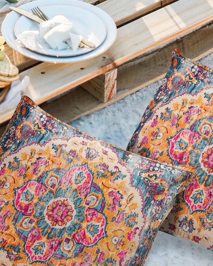 Prime Leader Outdoor Waterproof Pillow Covers Set of 2, Geometric Abstract Carpet Flowers Pattern Pink Patio Throw Pillow Covers, Decorative Cushion Case for Couch Sofa Furniture Garden, 26x26 Inch