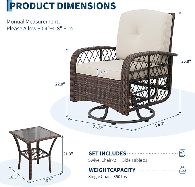 GarveeHome Outdoor Swivel Rocker Chairs, 3-Piece Patio Set with Thick Cushions & High Back Support, Includes 2 Wicker Chairs & 1 Side Table for Deck, Porch, Backyard (Brown Wicker & Beige Cushions)