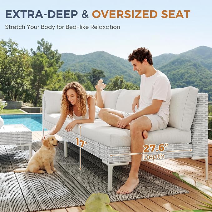 Luxury Patio Furniture Set 6 Seater Large Modular L-Shaped Outdoor Sectional with Thick Cushion & Deep Seat Oversized White Wicker Patio Conversation Sets for Backyard, Deck