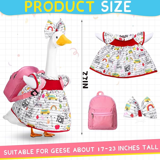Abbylike Back to School Porch Goose Outfit Fit 23 Inch Lawn Statue Student Goose Skirt with Pink School Bag and Bow Headband for Garden Classroom Patio Lawn Yard Outdoor Garden Decoration