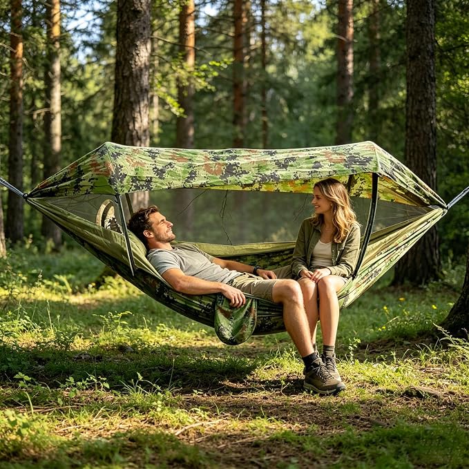 Camping Hammock with Canopy Anti Roll Widened 300kg Capacity Tree Hammock for Backyard Lounging Backpacking Open Air Activities