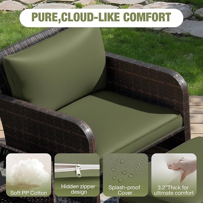 LEVELEVE Patio Conversation Set 5 Piece, Balcony Furniture Outdoor PE Rattan Wicker Lounge Chairs with Soft Cushions, 2 Ottomans & Glass Table for Porch Lawn, Brown (Army Green Cushions