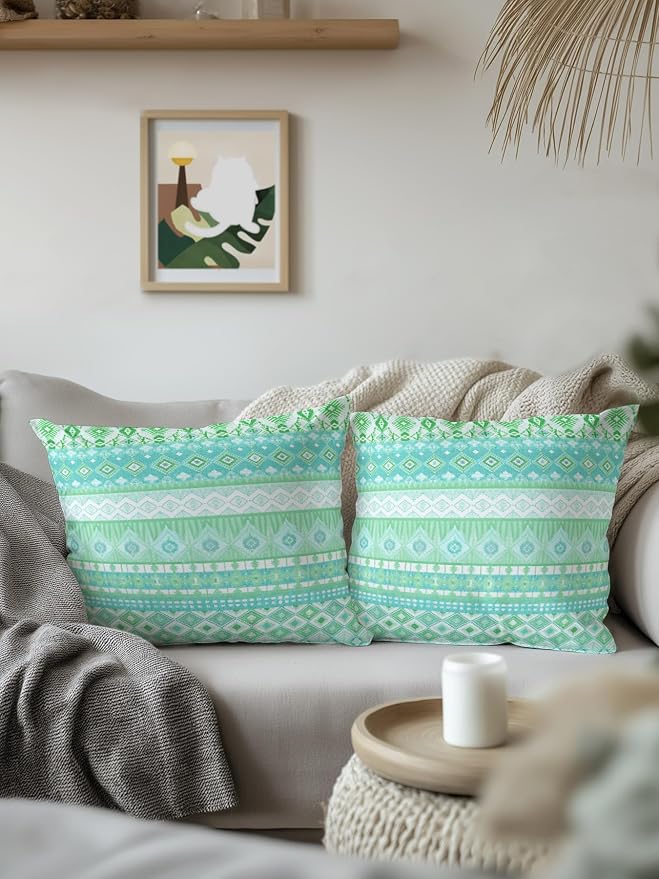 Waterproof Outdoor Pillow Set of 2 Teal Green Bohemian Decorative Throw Pillows Cover & Insert 18x18 Inch Pillowcase Boho Style Floral Leaves Geometric Pillows for Couch Sofa Bed Patio Furniture