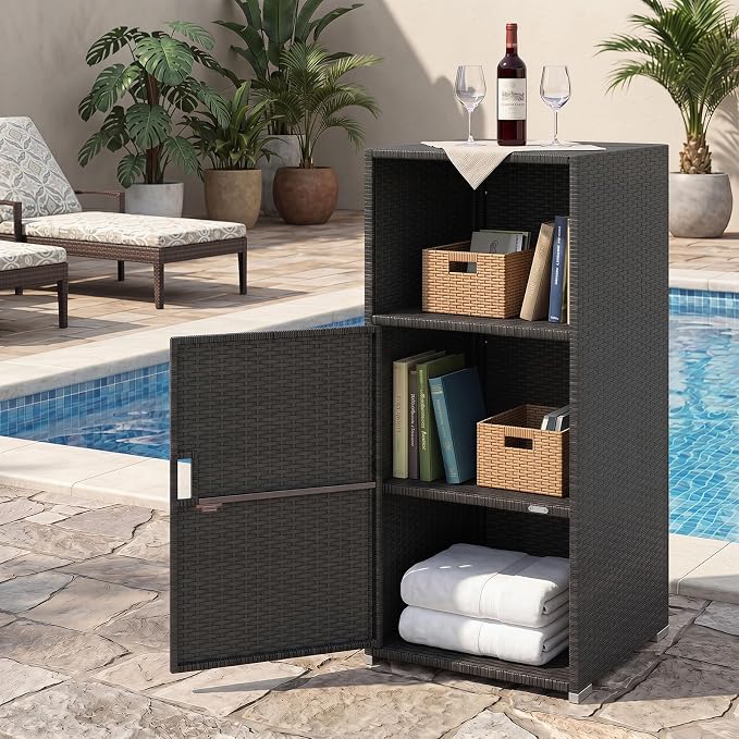 Tangkula Rattan Outdoor Storage Cabinet, Patiojoy PE Wicker Outdoor Cabinet with 3 Storage Shelves, Open Compartment and Door, Patio Storage Deck Box for Porch, Poolside, Backyard