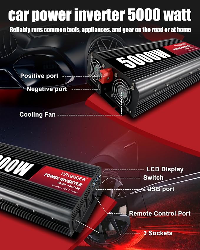 4000 Watt Power Inverter 12V to 110V/120V Converter Peak Power 8000W with 3 AC Outlets,1 USB Port, Remote Controller & LCD Screen DC to AC Inverter for RV Camping Off-Grid Solar Inverter Systems
