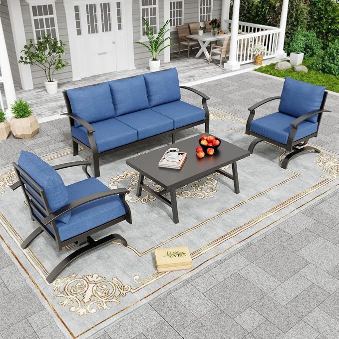 Metal Patio Furniture Set,4 Pieces 5 Seats Patio Sectional Outdoor Furniture Set with Rectangular Coffee Table,Patio Conversation Sets with 5.1" Thickened Cushions,Navy BlueNavy Blue
