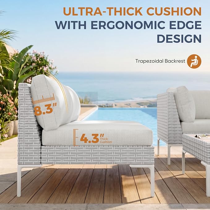 Luxury Patio Furniture Set 6 Seater Large Modular L-Shaped Outdoor Sectional with Thick Cushion & Deep Seat Oversized White Wicker Patio Conversation Sets for Backyard, Deck