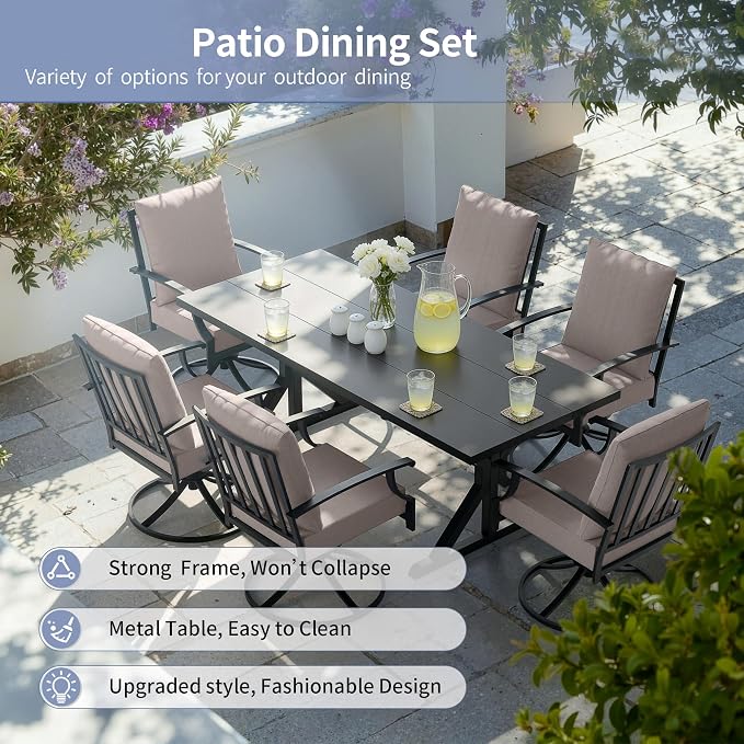 Kullavik 7 Pieces Outdoor Dining Set,Patio Dining Table and Chairs Set for 6,Fence Pattern Back Swivel Chairs with Thickened Cushions & X-Frame Metal Dining Table with Umbrella Hole for Patio,Sand