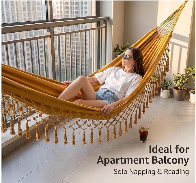 Bohemian Canvas Hammock with Tassels, Brown, 79"x39" | Soft Breathable Cotton Canvas Hammock,79x39in,2 Hanging Straps Wooden Bar;3 colors,compact for students renters dorm balcony