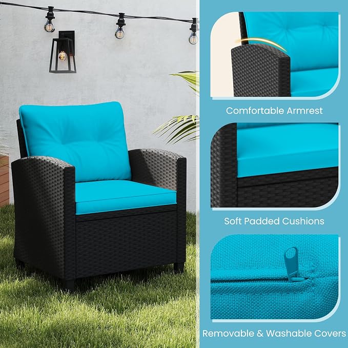 ORALNER 3 Pieces Patio Furniture Set, Wicker Conversation Set Outdoor Chairs with Cushions, Glass Coffee Table, Rattan Bistro Set for Front Porch Balcony Garden Deck Poolside (Turquoise)