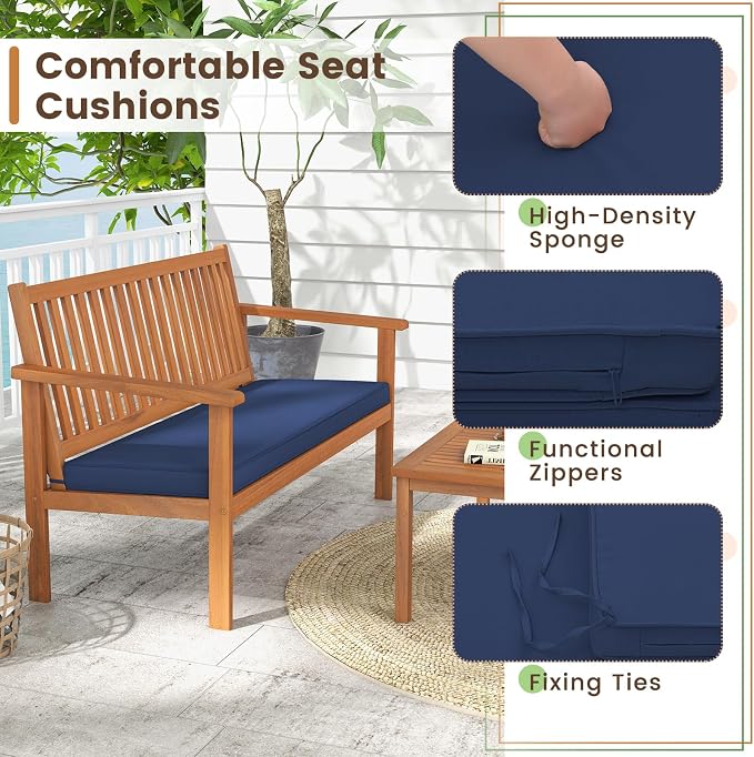 Tangkula 4 Piece Patio Wood Furniture Set, Acacia Wood Sofa Set w/Loveseat, 2 Chairs & Coffee Table, Soft Seat Cushions, Outdoor Wood Furniture Set for Porch, Yard, Balcony (Navy)