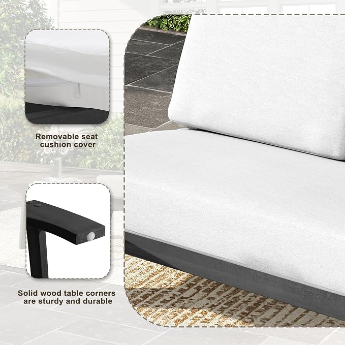 Black Wood Patio Furniture Sets, 3 Pieces All Weather Patio Loveseat Sofa Outdoor Sectional Futniture Backyard Conversation Set with Solid Wooden Coffee Table - Beige