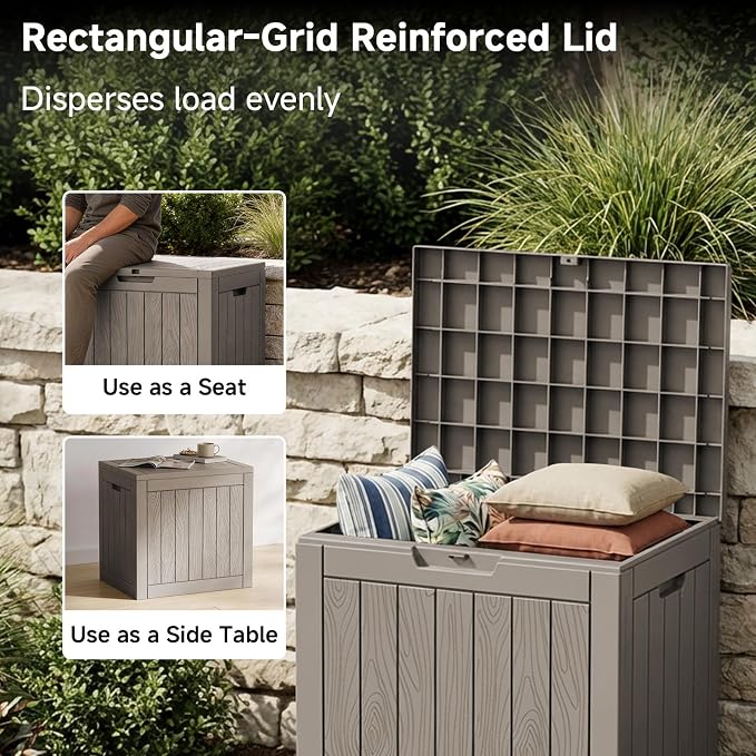 PatioZen 35 Gallon Outdoor Deck Box,Waterproof Resin Outdoor Storage Boxes, Outside Storage Lockable Container for Garden Tools,Indooor Cushions,Accessories (Grey)