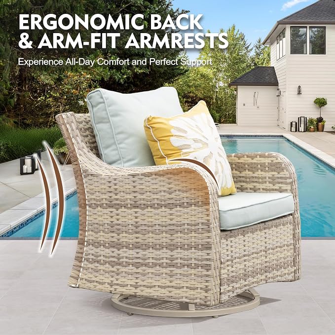 MEISSALIVVE Patio Furniture Set with Swivel Rocking Chairs, 6 Pieces Patio Conversation Set, Outdoor Wicker Sofa Couch with Waterproof Cushions for Lawn Backyard Porch (Blue)