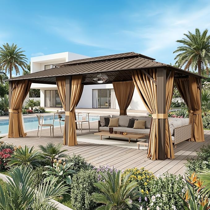 12x20FT Hardtop Gazebo with 20IN Ceiling Fan, Metal Frame with Double Galvanized Steel Roof, Permanent Outdoor Pergola for Backyard, Patio, Lawn and Garden, Brown