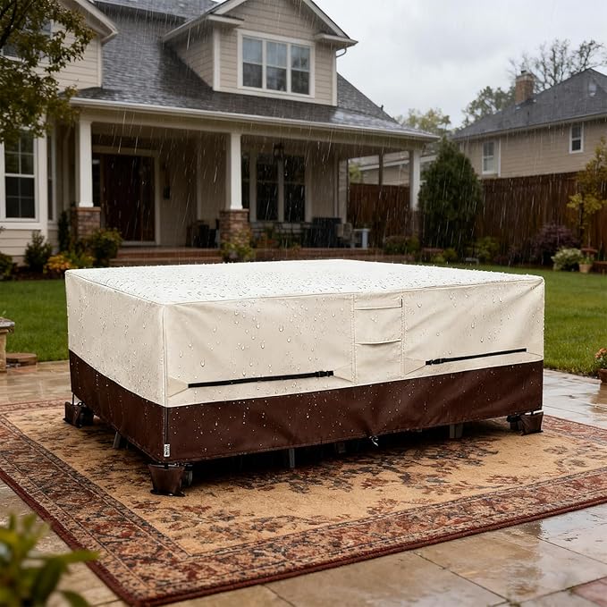 Patio Furniture Covers,Outdoor Furniture Cover Waterproof,600D Rectangular Patio Heavy Duty Table Cover,Outdoor Dining Table and Chair General Purpose Furniture Covers 111"L x 74"W x 28"H-Beige