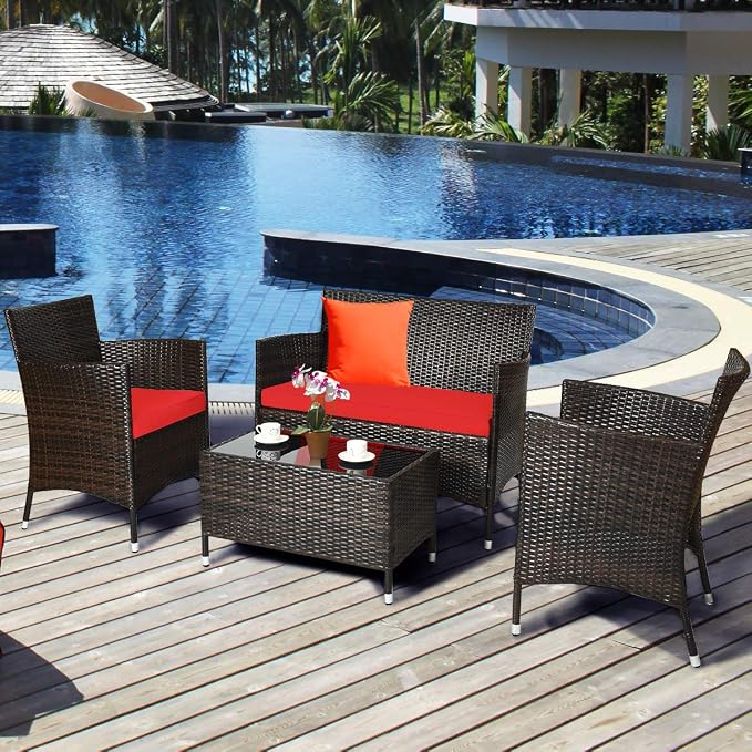Tangkula 8 PCS Patio Rattan Conversation Set, Outdoor Wicker Furniture Set with Tempered Glass Coffee Table &Thick Cushion, Rattan Chair Wicker Set for Garden, Lawn, Poolside and Backyard (2, Red)