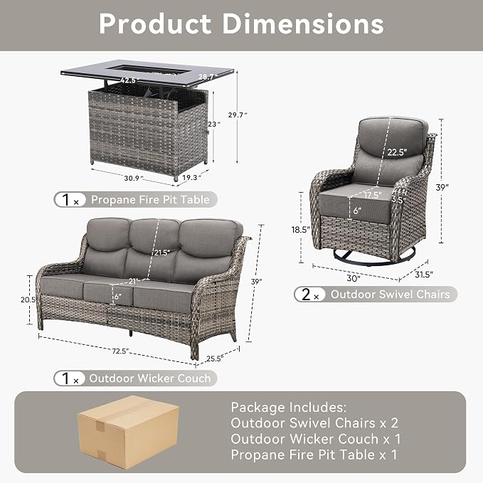 Luxury Patio Furniture Set with Fire Pit Table-4 Pieces High Back Wicker Swivel Rocker Chairs with 6" Extra Thick Cushions, Outdoor Patio Conversation Sets for Porch Deck Garden(Grey/Grey)