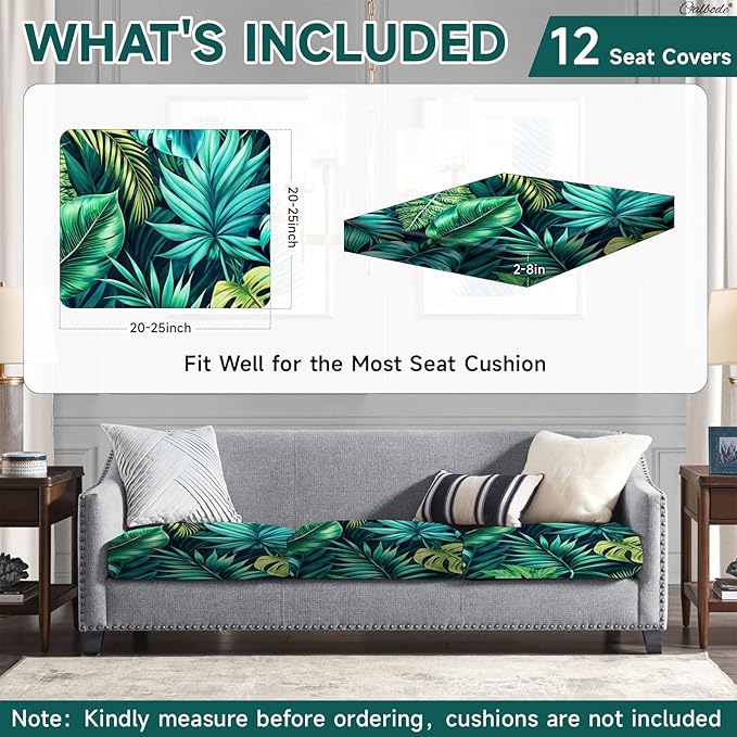 CALBODE 12 Pcs Stretch Outdoor Seat Cushion Covers, Washable Chair Seat Cover for Patio Furniture Cushions Soft Indoor and Outdoor Couch Cover Replacement (Green Tropical Leaves, Cover Only)