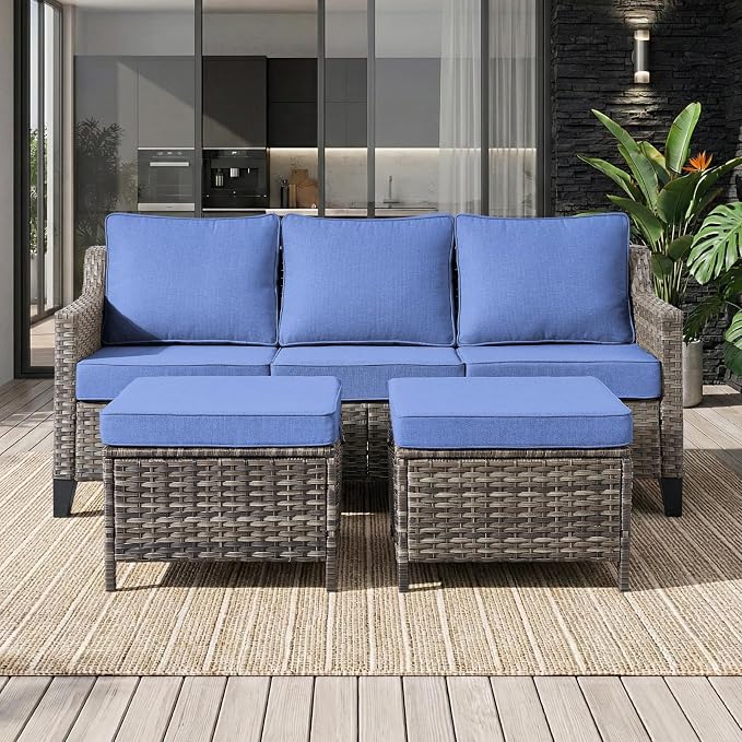 Luxury Patio Furniture sofa Set - 7 Pieces All Weather Wicker Outdoor Couch and High Back Swivel Rocker Patio Chairs with Sofa & footstools for Deck Yard and Poolside Gray Wicker | Blue Cushions