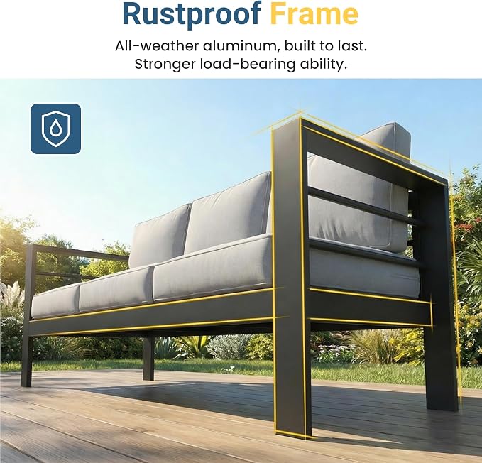 Wisteria Lane 5 Pieces Aluminum Patio Furniture Set with Umbrella, All Weather Oversized Outdoor Furniture Set with Deep Seat and Back Cushion, Patio Conversation Sets Wide armrest, Light Gray & Navy