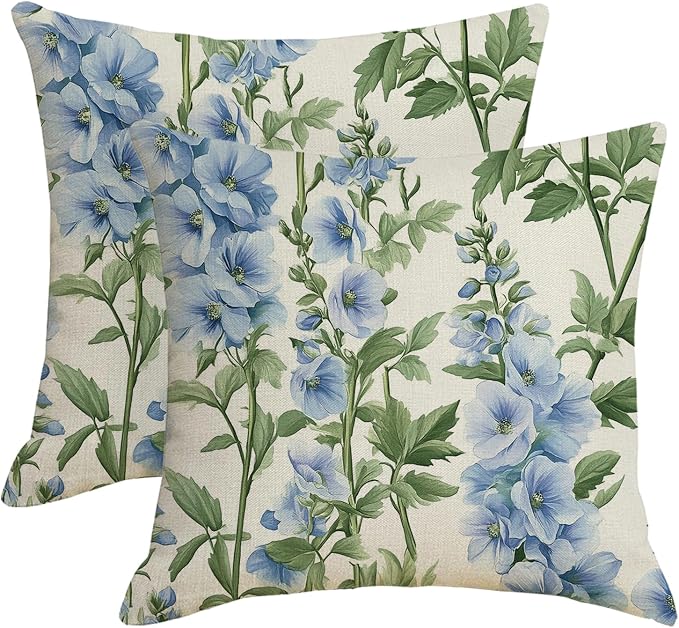 Blue Floral Throw Pillow Covers 20x20 inch Set of 2 Outdoor Waterproof Pillow Cases Delphiniums Flower Decorative Cushion Covers for Patio Garden Tent