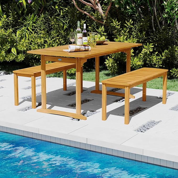 HAPPYGRILL 3 Pieces Acacia Wood Outdoor Dining Set for 4 People, Patio Table & Bench Set with Umbrella Hole, Outside Picnic Furniture