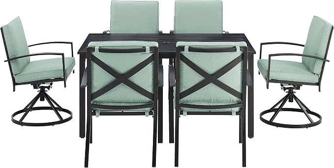 Crosley Furniture Kaplan 7-Piece Outdoor Dining Set for 6, Patio Table and Chairs for Backyard, Deck, Oiled Bronze with Mist Cushions