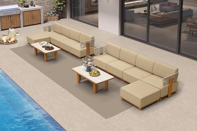 PURPLE LEAF Patio Furniture Set Modular L-Shaped Outdoor Sectional Sofa with 11" Thick Olefin Cushion 12-Piece Outdoor Conversation Set with Tables & White Lights for Backyard Garden Poolside, Beige