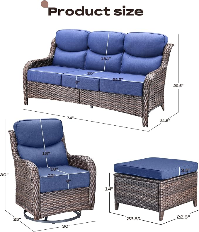 Rilyson Wicker Outdoor Patio Furniture Set - 7 Piece Patio Conversation Sets with Swivel Rocker Chairs, Ottomans and Sofa, 6 inch Cushions, Waterproof Wicker, for Porch Deck Brown/Blue