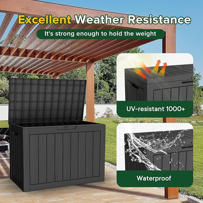 Waterproof Outdoor Storage Box, 45 Gallon Lockable Deck Box, UV-Resistant Outside Storage Bin With Hydraulic Lid For Patio Furniture, Cushion Organizer, Garden Tools, Pool Accessories, Black