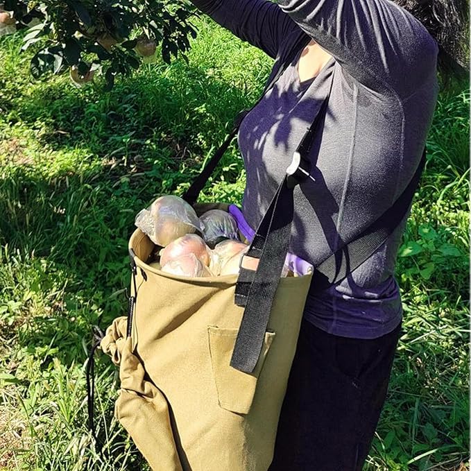 Large Adjustable Canvas Fruit Picking Bag for Orchard Farm Garden | Drop Bottom for Fast Unloading, Harvesting Apron with Open Pouch, Tool Storage Pockets, Drawstring for Flexible Capacity